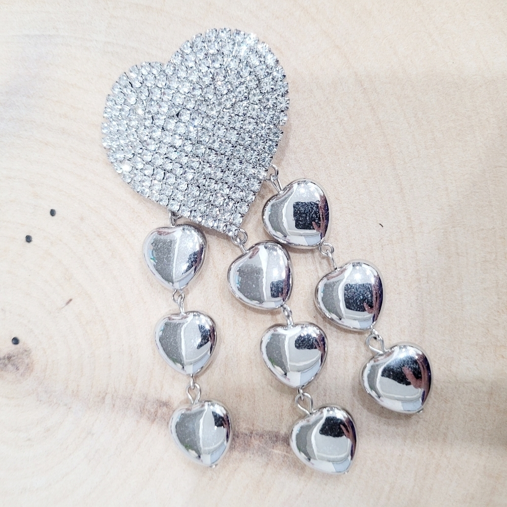 Brand New Silver Tone Hearts Rhinestone Dangle Brooch Pin